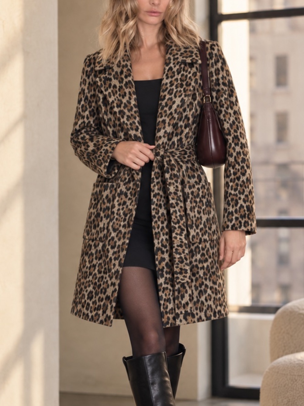 Dorothy Perkins Leopard Wool Blend Belted Coat US 4